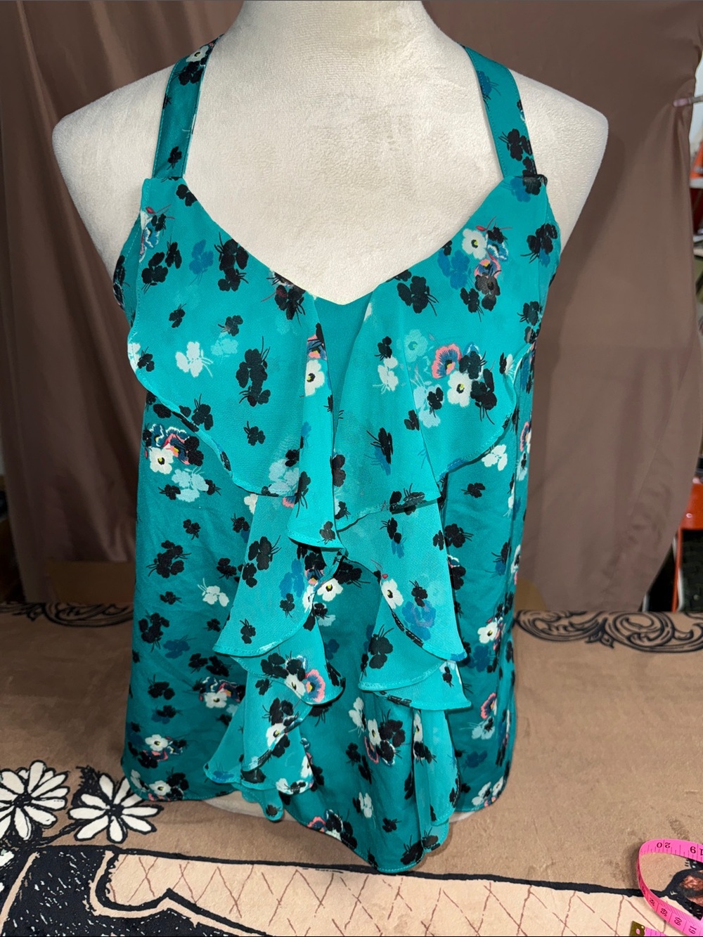 Women’s Teal Floral Ruffle Cami Top- XS
